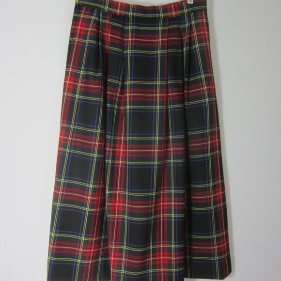 Vtg Lands End Womens P 8 Red Green Tartan Plaid Wool Pleated Midi Skirt Scotland - Picture 8 of 11